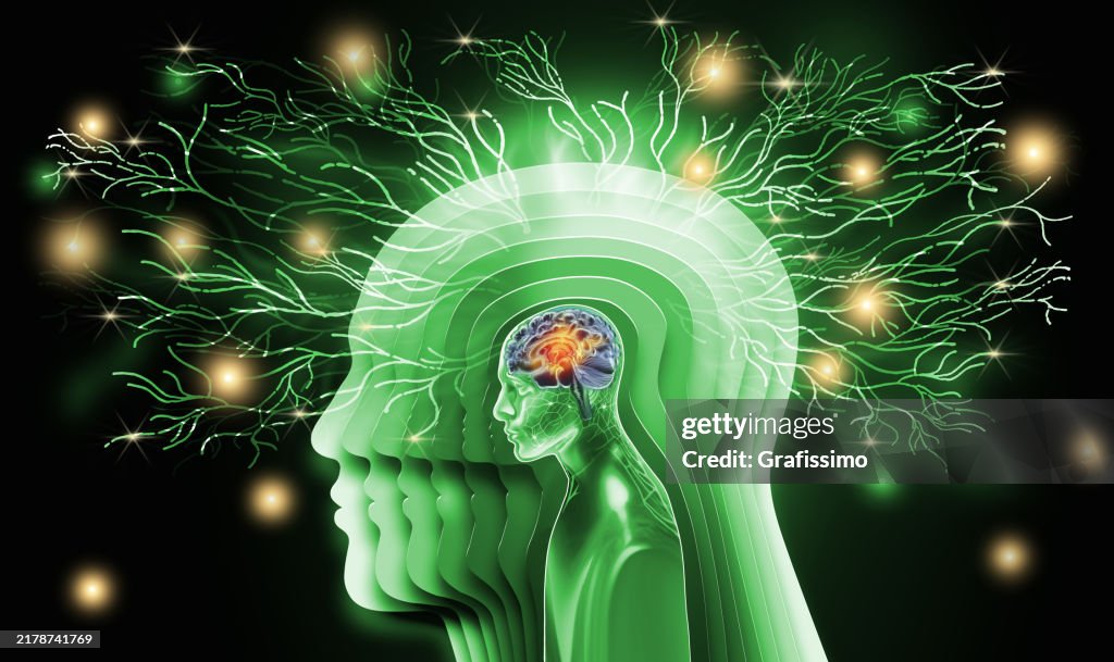 Deep learning infographic of artificial neural network neurons and cyborg illustration