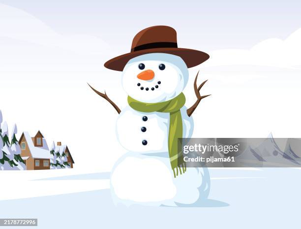niedlicher schneemann auf dem boden mit winterlandschaftshintergrund. - schneemann stock-grafiken, -clipart, -cartoons und -symbole