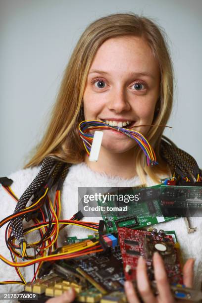 girl with computer stuff portrait - dismantling stock pictures, royalty-free photos & images