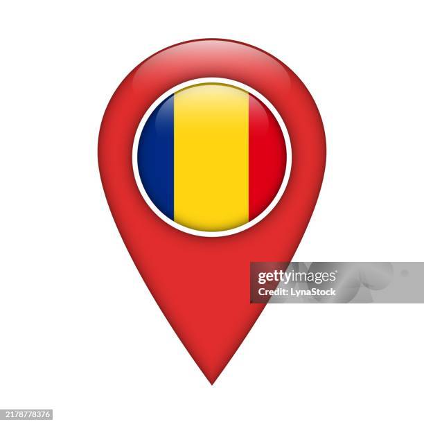 ilustrações de stock, clip art, desenhos animados e ícones de pinpoint vector icon with romania national flag isolated on white background. map pointer symbol for website, gps navigator, apps. illustration in flat design. location marker. geolocation mark on the map. - bandeira da roménia
