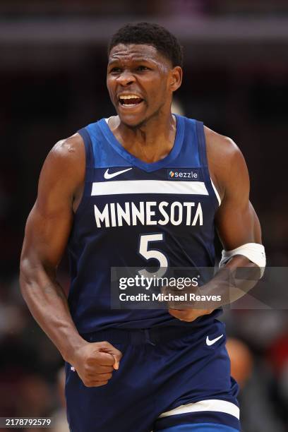 Anthony Edwards of the Minnesota Timberwolves reacts to a basket against the Chicago Bulls during the first half of a preseason game at the United...