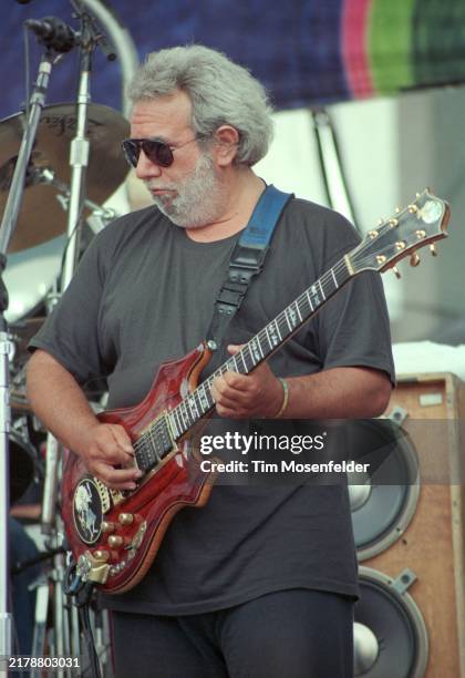 Jerry Garcia of the Grateful Dead performs at Autzen Stadium on June 23, 1990 in Eugene, Oregon.