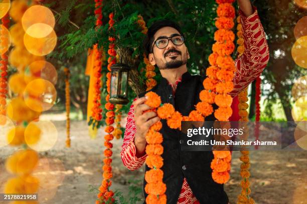 young man hanging marigold garlands on a tree. - diwali stock pictures, royalty-free photos & images
