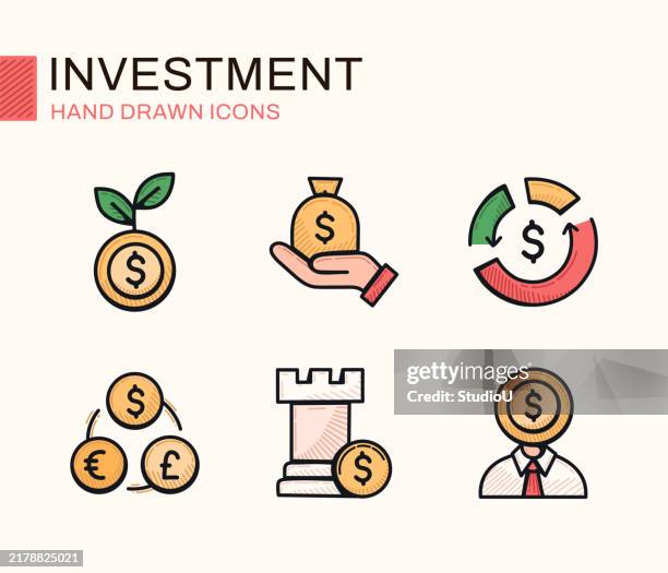 ilustraciones, imágenes clip art, dibujos animados e iconos de stock de iconos de esquema de inversión - libertad financiera