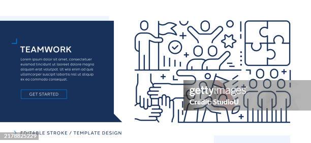 teamwork themed editable vector line art design - diversity work training stock illustrations