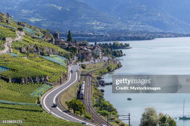 weinberge, straße und zug durch ein dorf am see - montreux stock-fotos und bilder