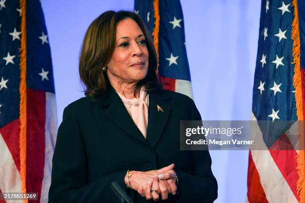 Democratic presidential nominee, U.S. Vice President Kamala Harris attends a campaign event at Divine Faith Ministries International on October 20,...