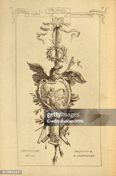 illustrazioni stock, clip art, cartoni animati e icone di tendenza di trofeo architettonico, stendardo, aquila, scudo, storia dell'architettura, decorazione e design, arte, francese, vittoriano, 19 ° secolo - statua di belle arti