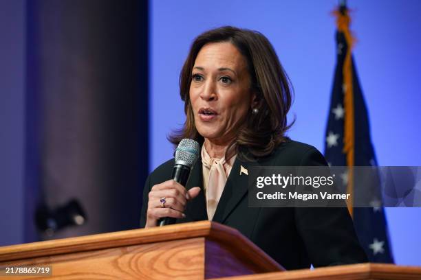 Democratic presidential nominee, U.S. Vice President Kamala Harris speaks at a campaign event at Divine Faith Ministries International on October 20,...