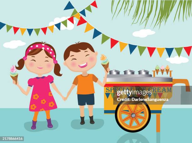 eiswagen mit kindern, die die eiscreme-vektorillustration genießen. - boy and girl eating ice cream stock-grafiken, -clipart, -cartoons und -symbole