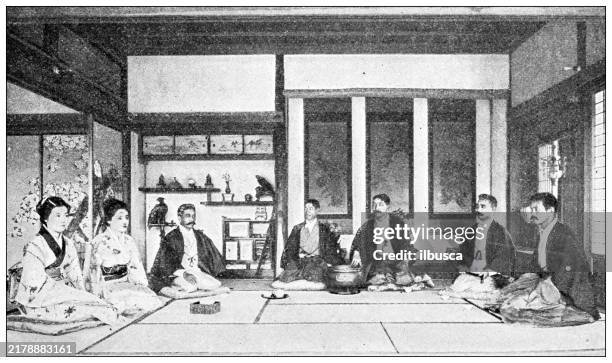 ilustrações, clipart, desenhos animados e ícones de imagem antiga: chá bebendo em diferentes culturas, tea party japonês - 1899