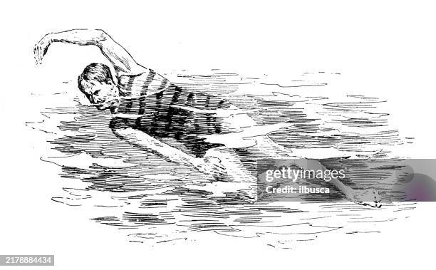 antique image: swimming and diving examples - pool cleaning stock illustrations