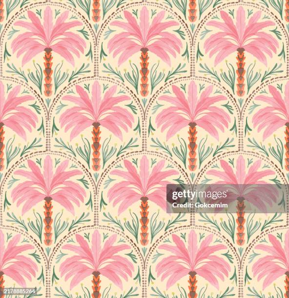 stockillustraties, clipart, cartoons en iconen met ethnic boho tropical seamless pattern with palm trees. modern abstract design for paper, cover, fabric, interior decor and other. - botanie