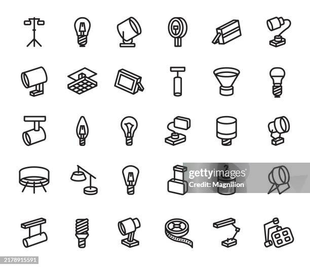 stockillustraties, clipart, cartoons en iconen met various lighting equipment for industrial and commercial use, vector illustration, editable stroke, icons set - led-lampje