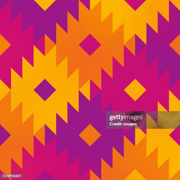vibrant geometric pattern with bold angular shapes. a bold and vibrant geometric pattern featuring angular shapes in bright shades of orange, yellow, pink, and purple. the repetitive design creates a dynamic and eye-catching visual. - aztec pattern photos et images de collection