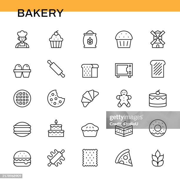 bakery line icon set - bread dough stock illustrations