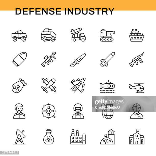 defense industry line icon set - fighter-pilot-icon stock illustrations