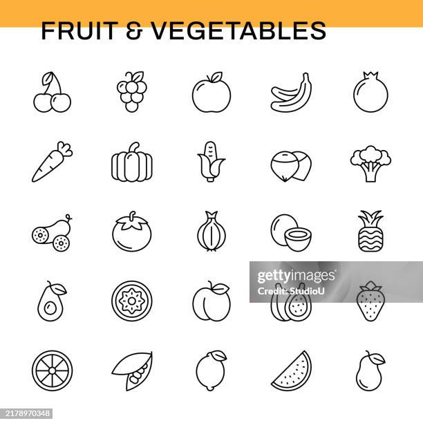fruit and vegetables line icon set - strawberry banana stock illustrations
