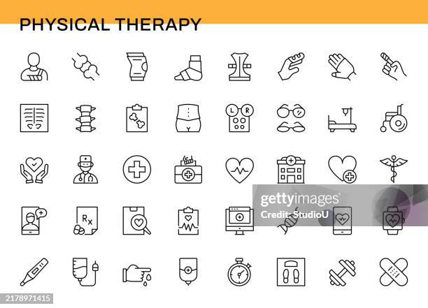 physiotherapie-linien-icon-set - knochenbruch stock-grafiken, -clipart, -cartoons und -symbole