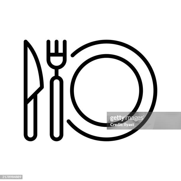 eine einfache strichzeichnung einer platte, einer gabel und eines messers - kantine stock-grafiken, -clipart, -cartoons und -symbole