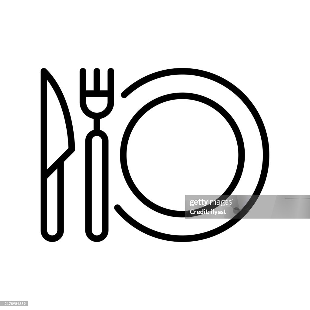 A simple line drawing of a Plate, Fork, and Knife