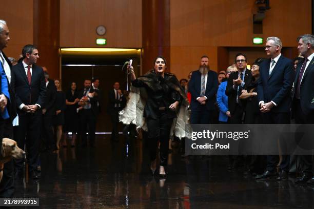 Senator Lidia Thorpe disrupts proceedings as King Charles III and Queen Camilla attend a Parliamentary reception hosted by Prime Minister of...