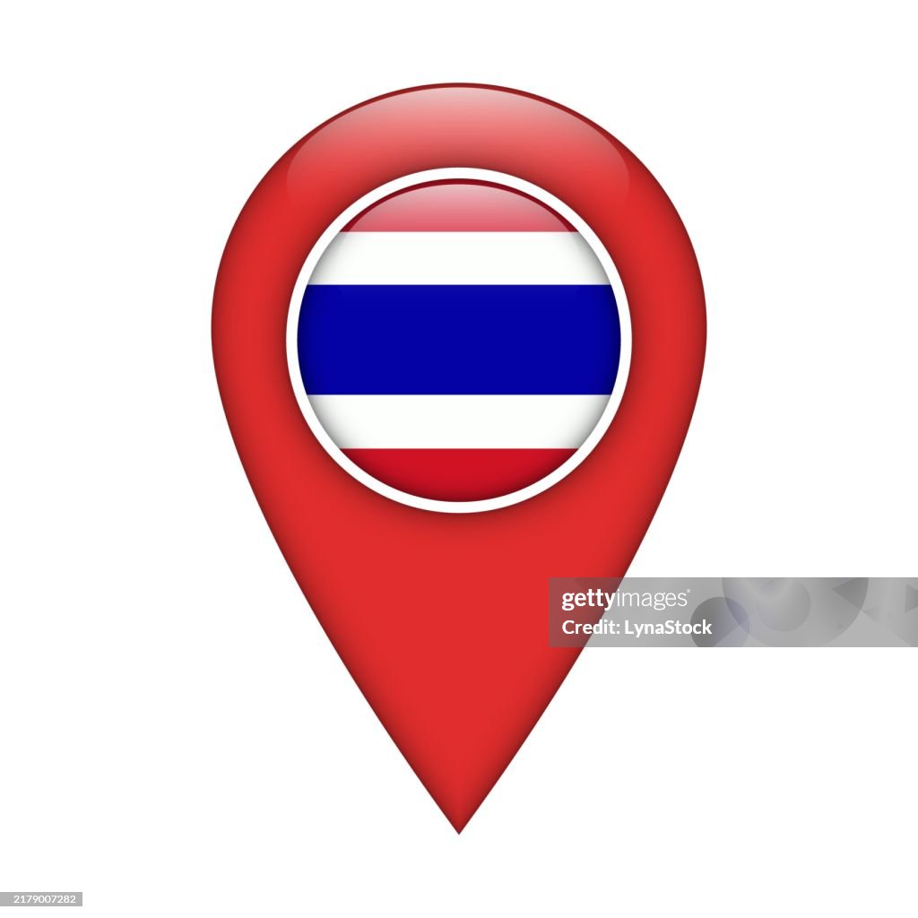 Pinpoint vector icon with Thailand national flag isolated on white background. Map pointer symbol for website, gps navigator, apps. Illustration in flat design. Location marker. Geolocation mark on the map.