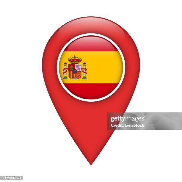 pinpoint vector icon with spain national flag isolated on white background. map pointer symbol for website, gps navigator, apps. illustration in flat design. location marker. geolocation mark on the map. - spanish flag stock illustrations
