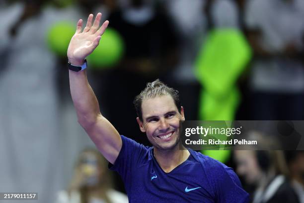 Rafael Nadal of Spain acknowledges the fans applause after his Semi Final match defeat against Carlos Alcaraz of Spain during day two of the Six...