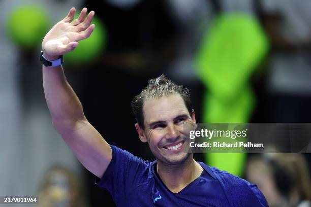 Rafael Nadal of Spain acknowledges the fans applause after his Semi Final match defeat against Carlos Alcaraz of Spain during day two of the Six...