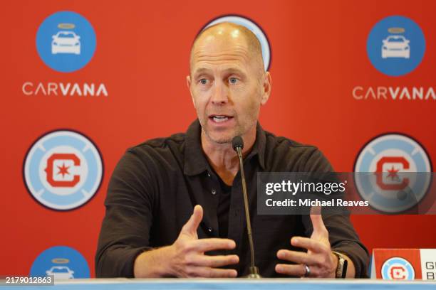 New coach Gregg Berhalter of the Chicago Fire speaks to the media during his introductory press conference at Waldorf Astoria Chicago on October 17,...