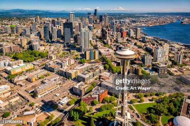 seattle aerial cityscape - seattle center stock pictures, royalty-free photos & images