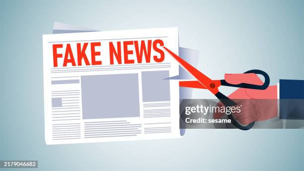 hands on scissors to cut up fake news papers, false social media messages spreading, illegal and incorrect news reports - evidence bag stock illustrations