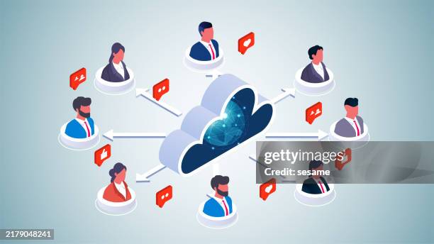 marketing & strategy, advertising audience & targeting, online recruiting, isometric networking cloud connecting people - avatar stock illustrations