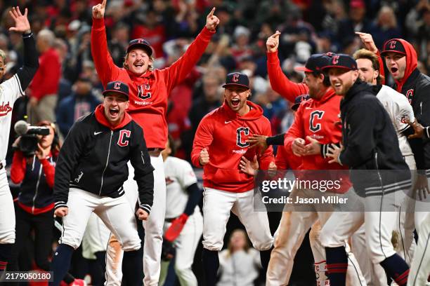 The Cleveland Guardians celebrate a two run home run during the tenth inning by David Fry of the Cleveland Guardians against the New York Yankees...