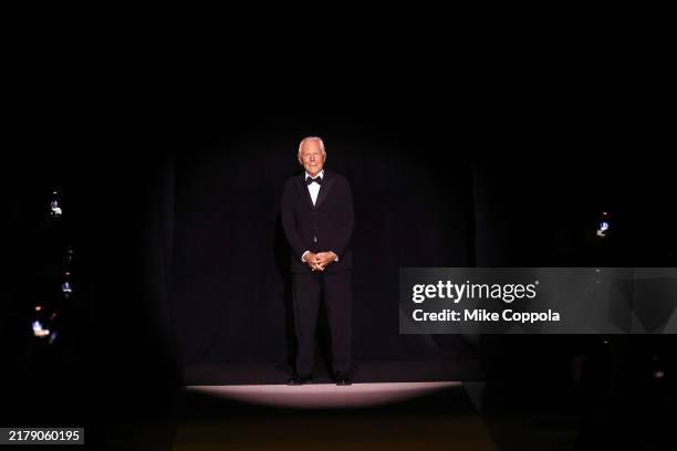 Giorgio Armani poses on the runway during Giorgio Armani S/S 2025 fashion show on October 17, 2024 in New York City.