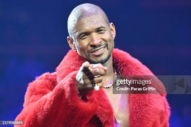 Usher performs on stage during his 2024 Usher: Past Present Future Tour at State Farm Arena on October 17, 2024 in Atlanta, Georgia.