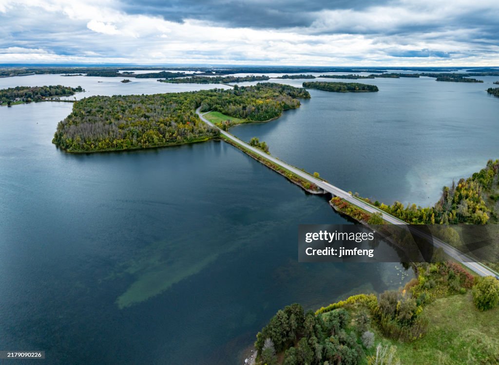 Aerial view of Long Sault town and Parkway, South Stormont, Ontario, Canada
