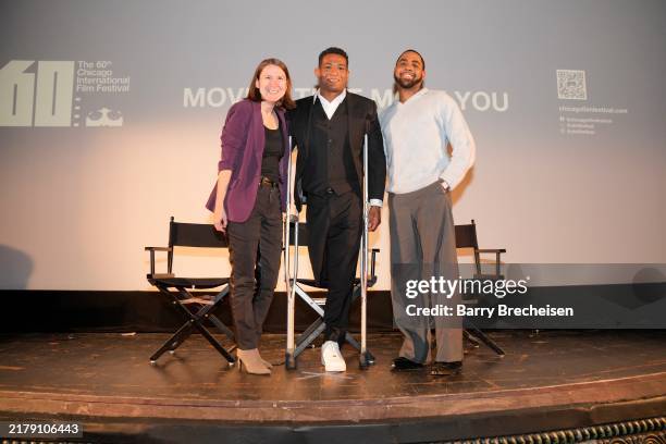 Moderator Andi Ortiz, NCAA individual wrestling national champion and author Anthony Robles and actor Jharrel Jerome attend the Q&A for the film...