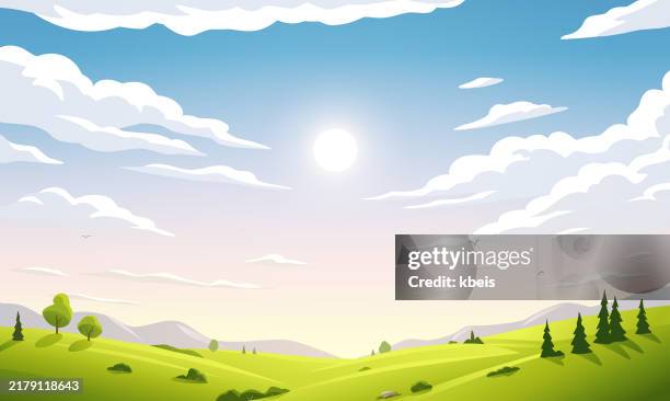 sunrise over green valley - hope concept vector stock illustrations