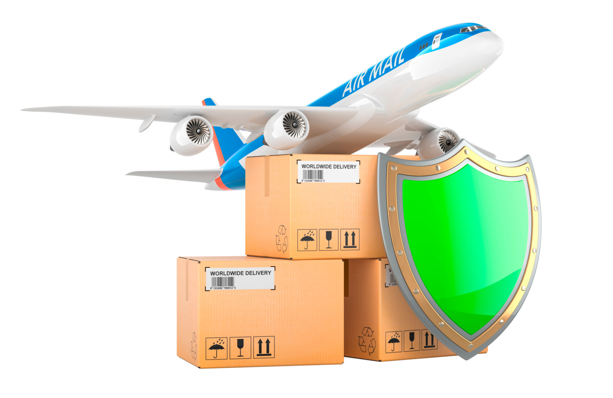 Air Cargo Safety, concept. Parcels with mail aeroplane and shield. 3D rendering Air Cargo Safety, concept. Parcels with mail aeroplane and shield. 3D rendering