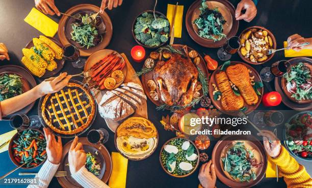 above view of beautiful table for thanksgiving - dinner stock pictures, royalty-free photos & images