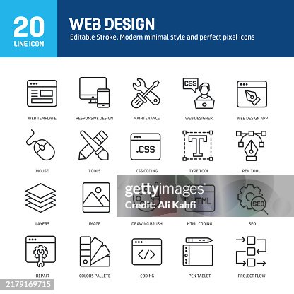 Web design line icons. Editable stroke. Containing coding, development, project, template, website icons collection. Vector illustration. For website design, logo, app, template, ui, etc Web design line icons. Editable stroke. Containing coding, development, project, template, website icons collection. Vector illustration. For website design, logo, app, template, ui, etc