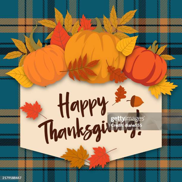 happy thanksgiving day banner on plaid - thanksgiving stock illustrations