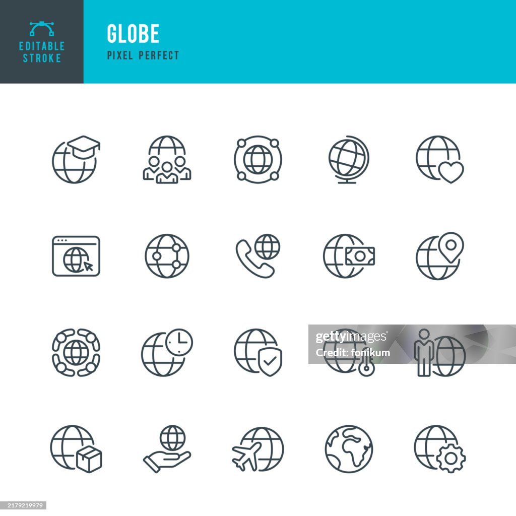 Globo - linha fina grupo do ícone do vetor. Pixel perfeito. Traço editável. O conjunto contém ícones: Globo, Educação, Negócios Globais, Remessa Internacional, Localização, Voo Internacional.