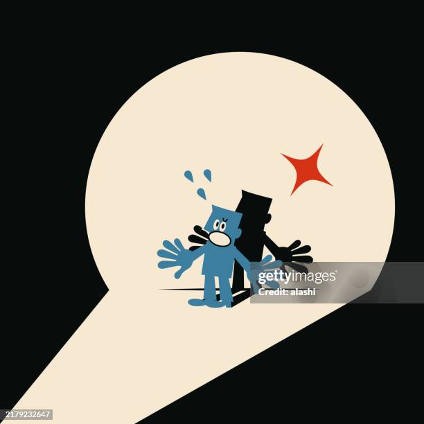 illustrazioni stock, clip art, cartoni animati e icone di tendenza di il faro trovò un uomo blu preoccupato - riflettore lenticolare