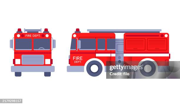 ilustraciones, imágenes clip art, dibujos animados e iconos de stock de camión de bomberos camión de bomberos vista frontal vista lateral símbolo de icono - camión de bomberos
