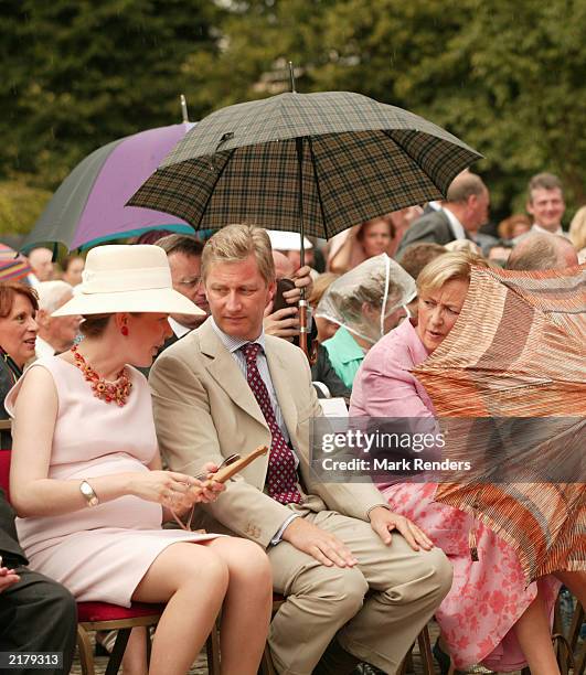 Princess Mathilde, Prince Philippe and Queen Paola of Belgium attend the garden party to celebrate Albert's 10 year reign at the Royal Palace of...