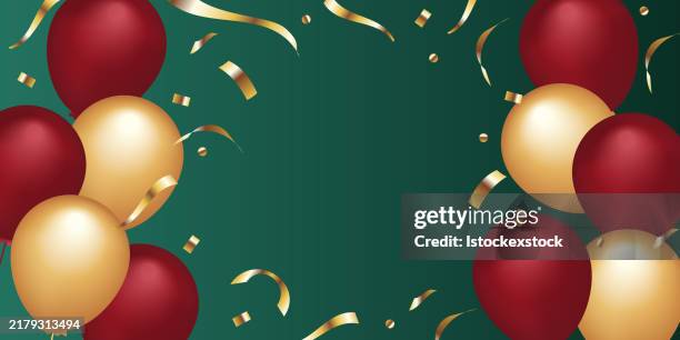 christmas banner with gold confetti and balloons - balloon background stock illustrations