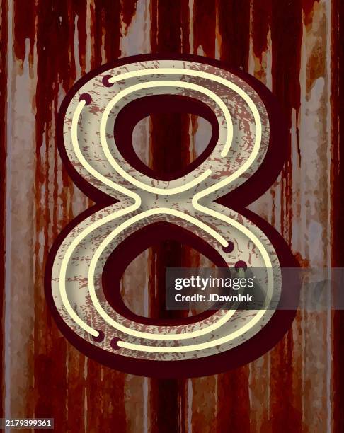 retro old fashioned worn and rusty metal neon sign number 8 font design alphabet - rust colored stock illustrations